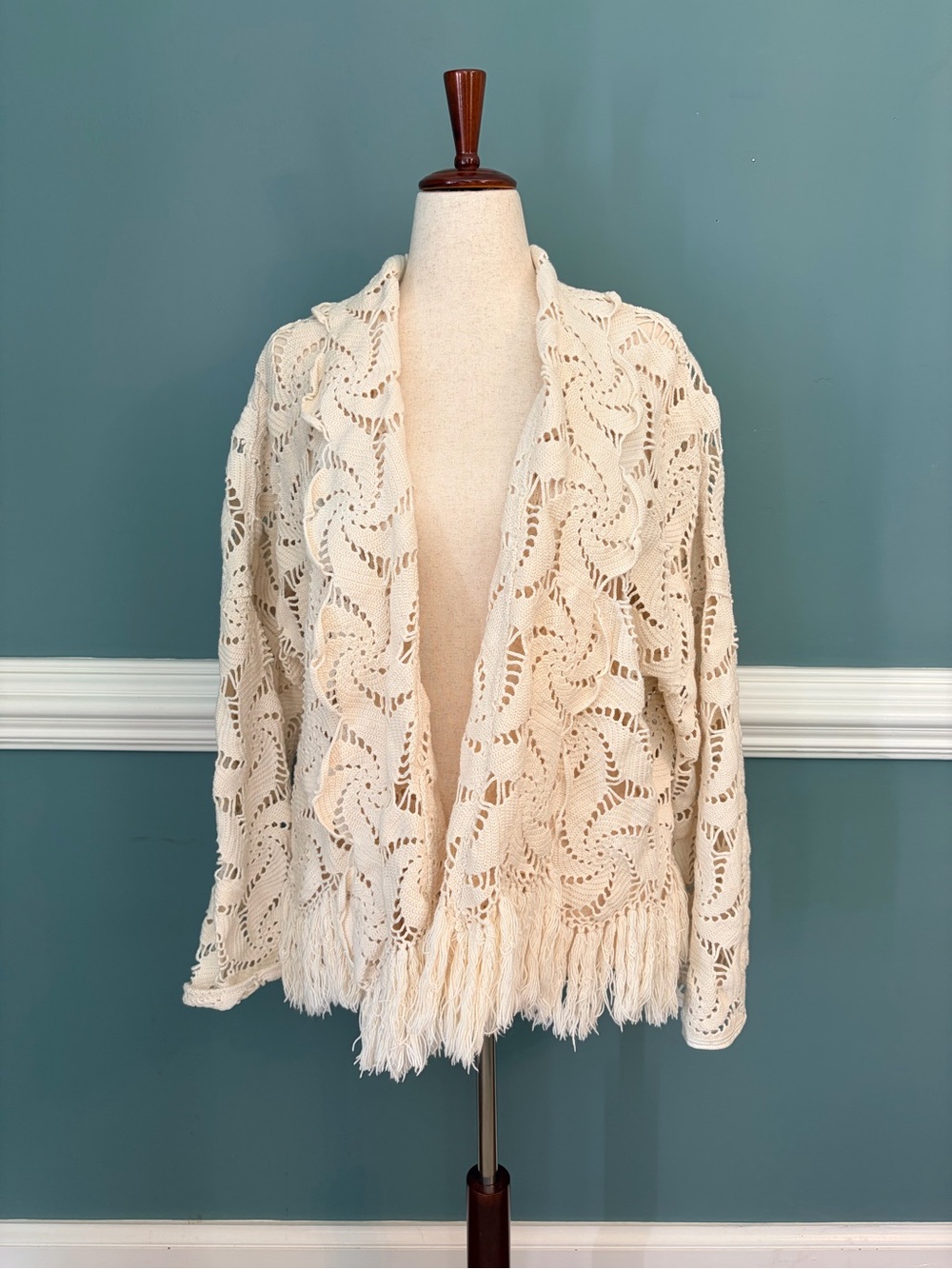 Handmade Open-Front Crochet Fringe Cardigan in Cream